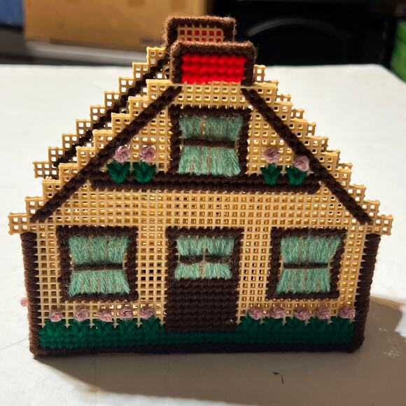 Vintage Handmade Plastic Canvas Yarn Cottage House letter mail coaster Decor - Picture 2 of 14